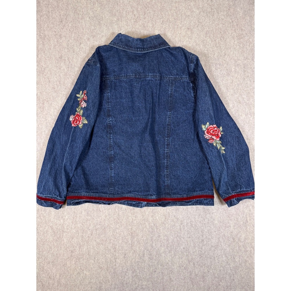 k36: Serengeti  XL Denim Jacket Rose Floral Embroidered Velvet Trim Blue Cotton - Picture 5 of 6